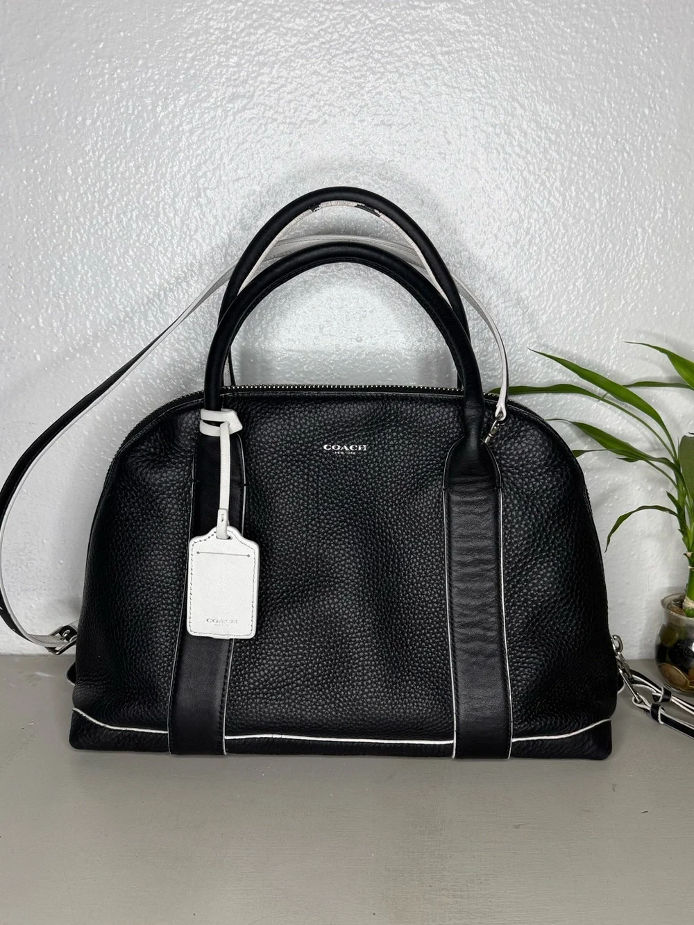 Coach - Bleecker Preston Black Pebbled Leather Satchel Large 14” White Trim